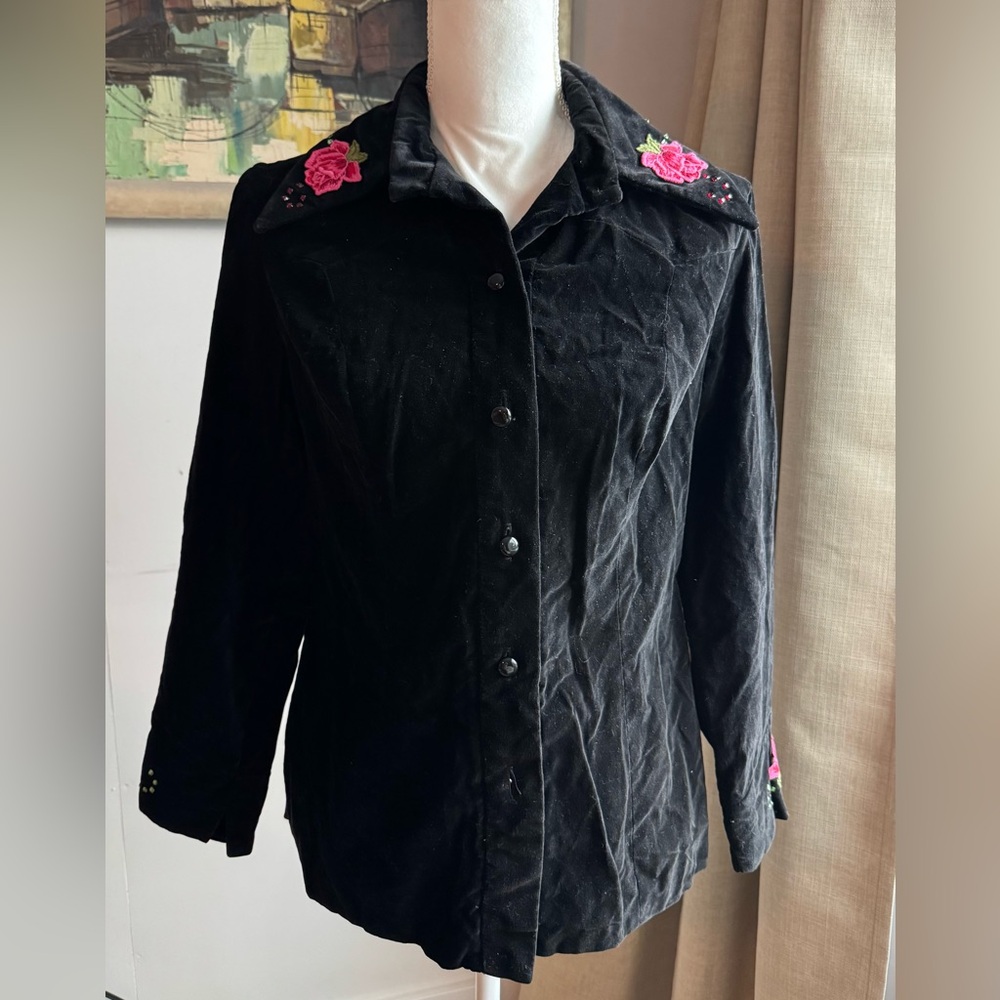 Vintage Black Velvet Missy House of Canada Jacket Rose Appliqué and Rhinestones